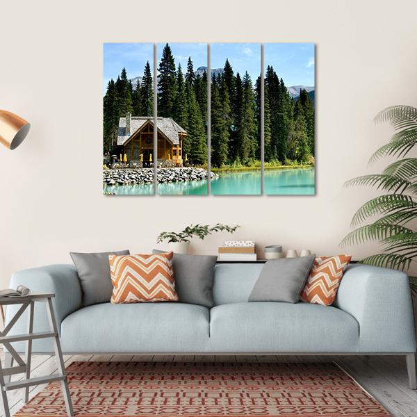 Wooden Retreat On Emerald Lake Canvas Wall Art-4 Horizontal-Gallery Wrap-34" x 24"-Tiaracle