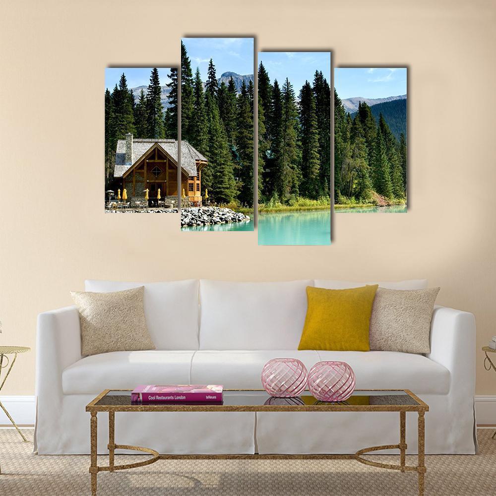 Wooden Retreat On Emerald lake Canvas Wall Art-4 Pop-Gallery Wrap-50" x 32"-Tiaracle