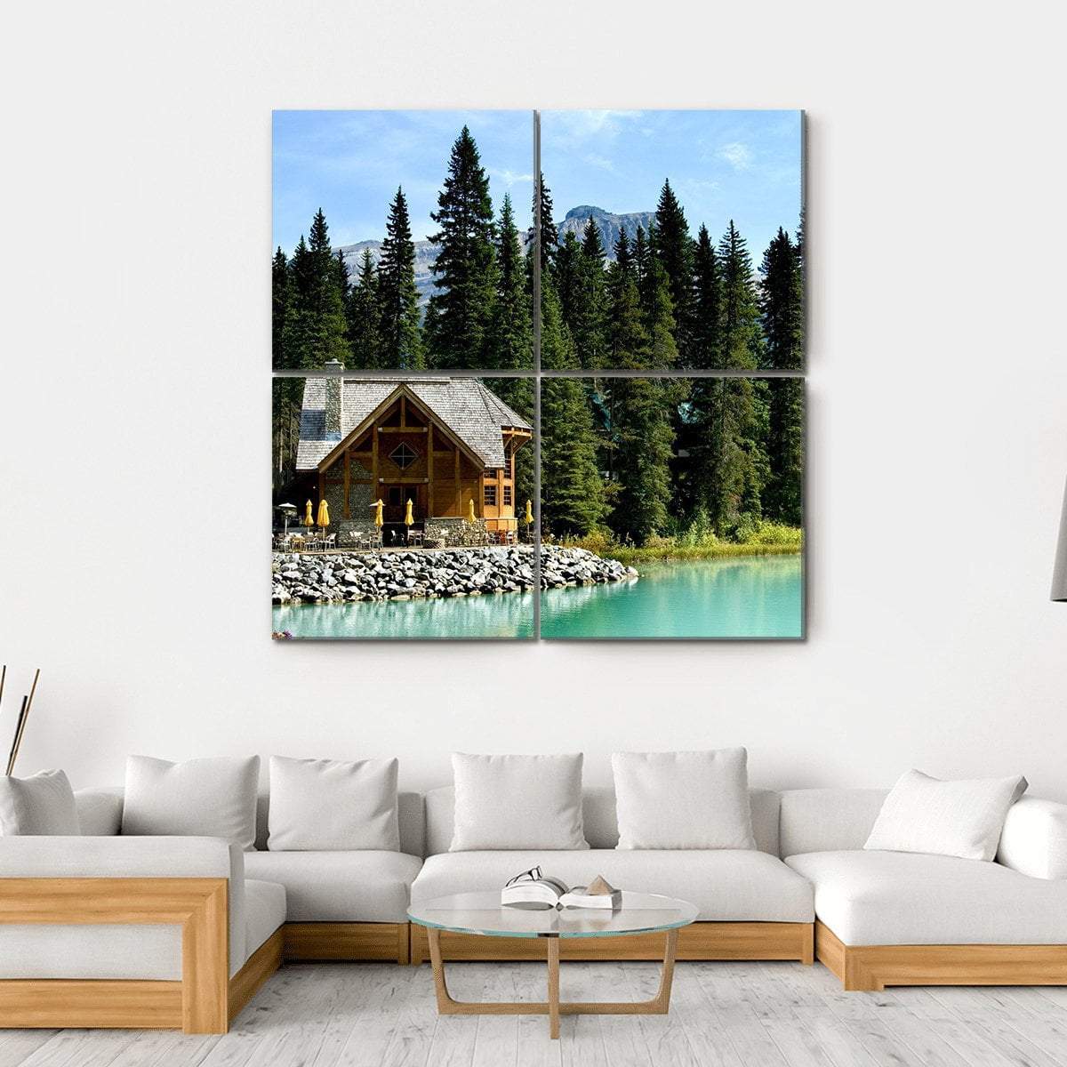 Wooden Retreat On Emerald Lake Canvas Wall Art-4 Square-Gallery Wrap-17" x 17"-Tiaracle