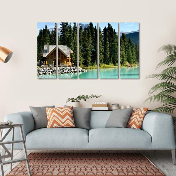 Wooden Retreat On Emerald Lake Canvas Wall Art-5 Horizontal-Gallery Wrap-22" x 12"-Tiaracle