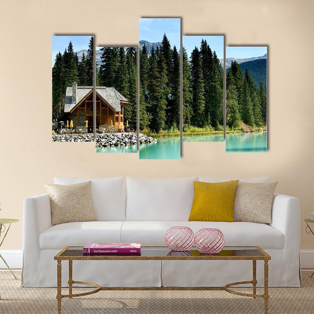 Wooden Retreat On Emerald lake Canvas Wall Art-5 Pop-Gallery Wrap-47" x 32"-Tiaracle