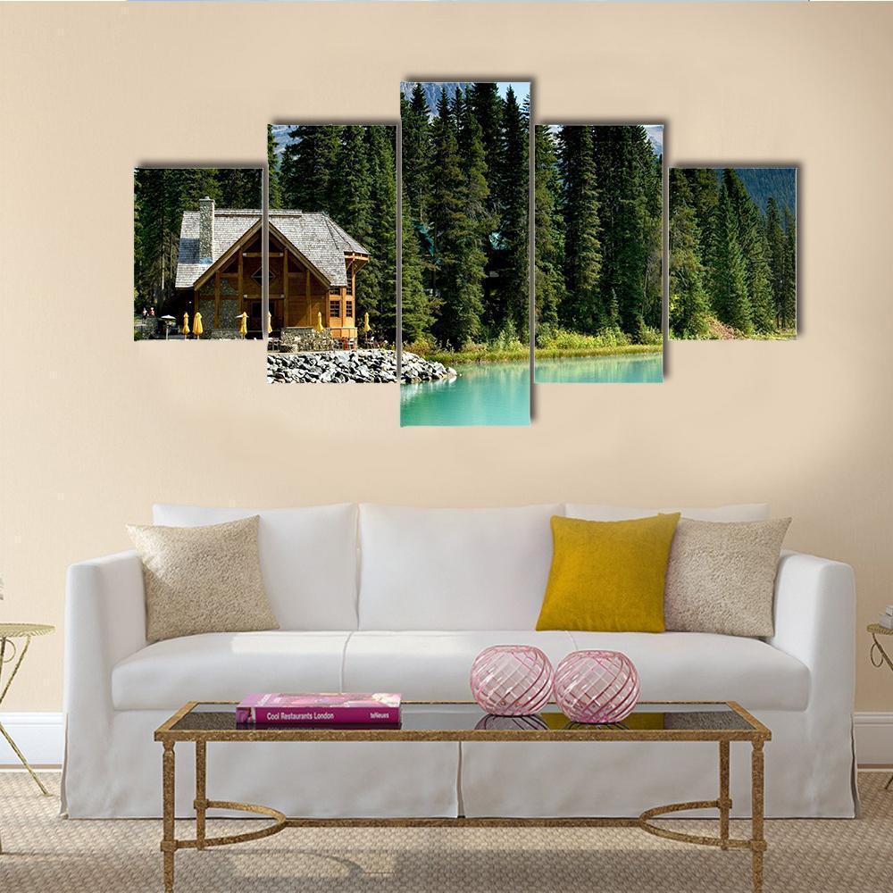 Wooden Retreat On Emerald lake Canvas Wall Art-5 Star-Gallery Wrap-62" x 32"-Tiaracle