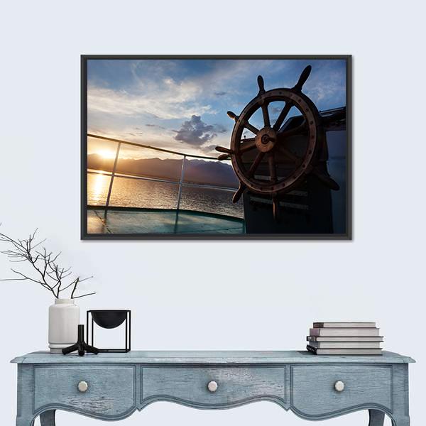 Wooden Wheel On The Ship At Sunset Canvas Wall Art-1 Piece-Floating Frame-24" x 16"-Tiaracle