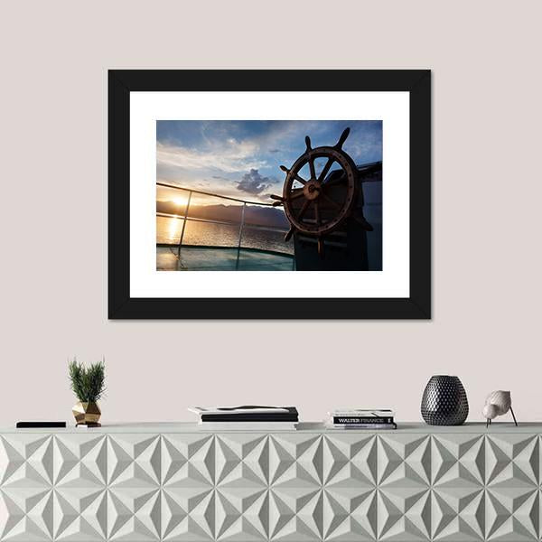 Wooden Wheel On The Ship At Sunset Canvas Wall Art-1 Piece-Framed Print-20" x 16"-Tiaracle