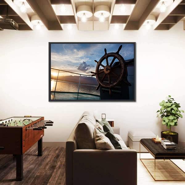 Wooden Wheel On The Ship At Sunset Canvas Wall Art-3 Horizontal-Gallery Wrap-25" x 16"-Tiaracle
