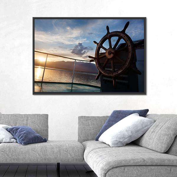 Wooden Wheel On The Ship At Sunset Canvas Wall Art-3 Horizontal-Gallery Wrap-25" x 16"-Tiaracle