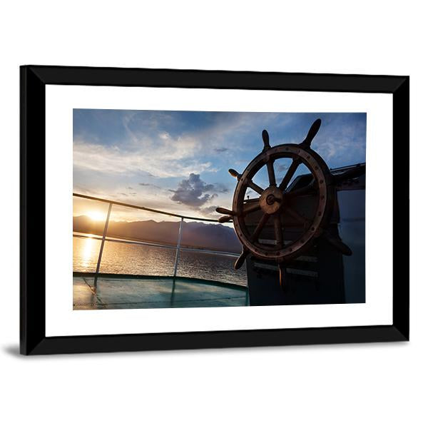 Wooden Wheel On The Ship At Sunset Canvas Wall Art-3 Horizontal-Gallery Wrap-25" x 16"-Tiaracle