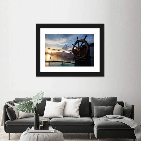 Wooden Wheel On The Ship At Sunset Canvas Wall Art-5 Horizontal-Gallery Wrap-22" x 12"-Tiaracle
