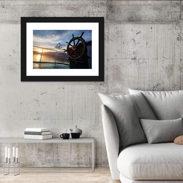 Wooden Wheel On The Ship At Sunset Canvas Wall Art-3 Horizontal-Gallery Wrap-25" x 16"-Tiaracle