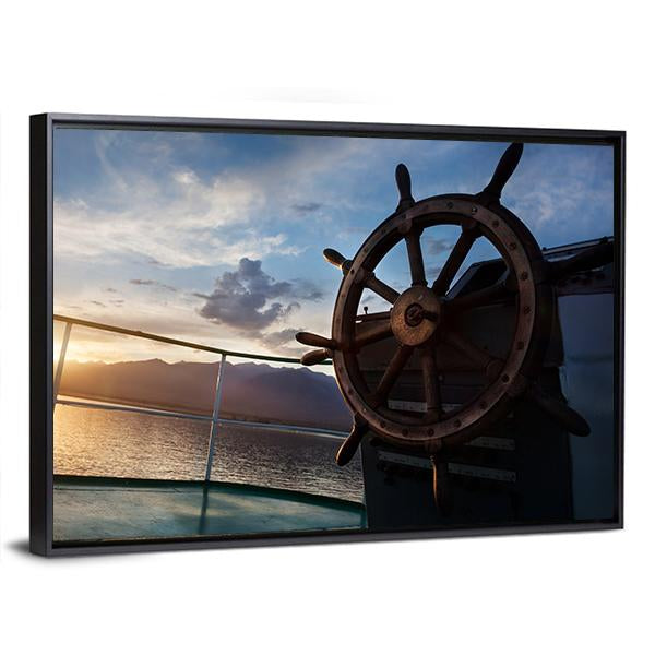 Wooden Wheel On The Ship At Sunset Canvas Wall Art-5 Horizontal-Gallery Wrap-22" x 12"-Tiaracle