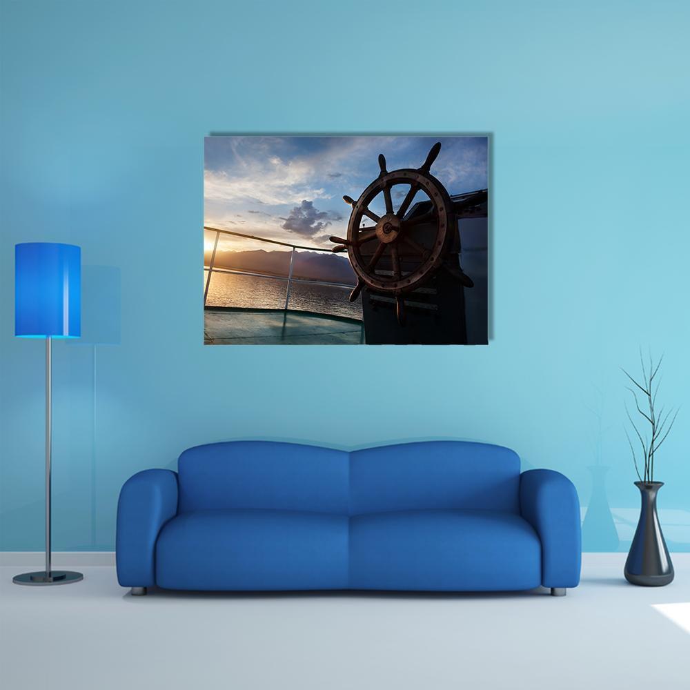 Wooden Wheel On The Ship At Sunset Canvas Wall Art-1 Piece-Gallery Wrap-48" x 32"-Tiaracle