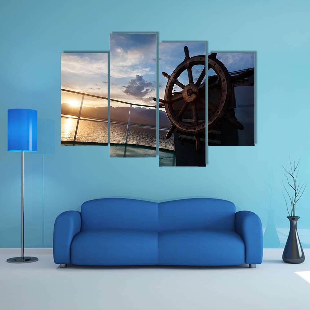 Wooden Wheel On The Ship At Sunset Canvas Wall Art-4 Pop-Gallery Wrap-50" x 32"-Tiaracle