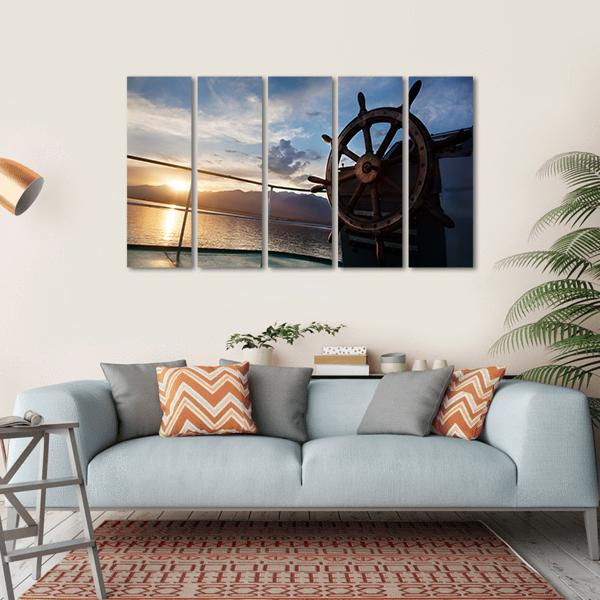 Wooden Wheel On The Ship At Sunset Canvas Wall Art-5 Horizontal-Gallery Wrap-22" x 12"-Tiaracle
