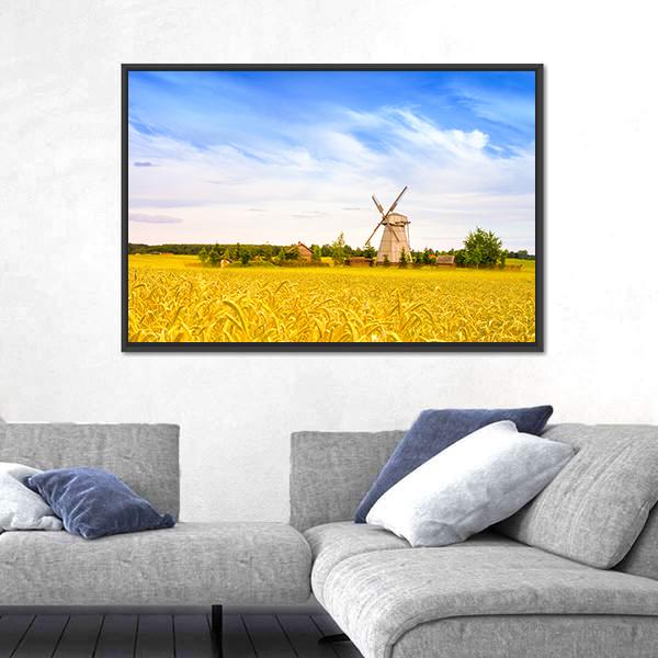 Wooden Windmill On Field In Belarus Panoramic Canvas Wall Art-1 Piece-36" x 12"-Tiaracle