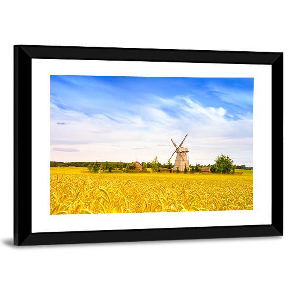 Wooden Windmill On Field In Belarus Panoramic Canvas Wall Art-1 Piece-36" x 12"-Tiaracle