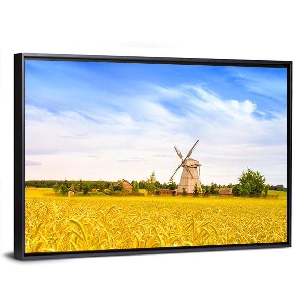 Wooden Windmill On Field In Belarus Panoramic Canvas Wall Art-1 Piece-36" x 12"-Tiaracle