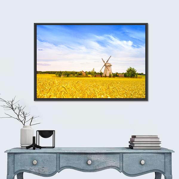 Wooden Windmill On Field In Belarus Panoramic Canvas Wall Art-1 Piece-36" x 12"-Tiaracle