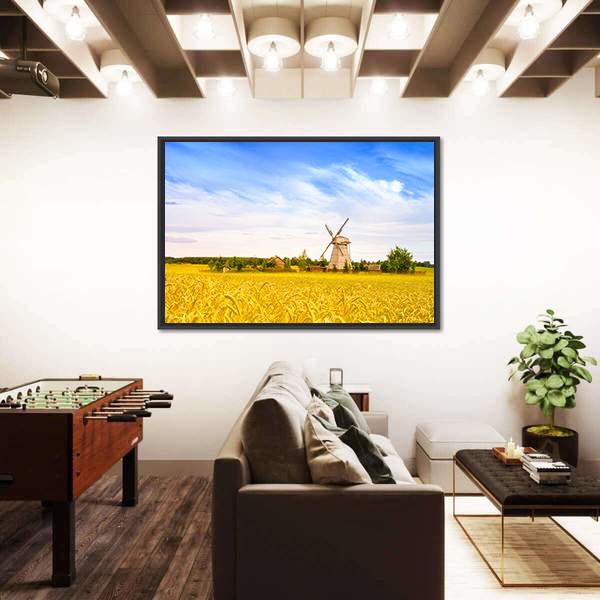 Wooden Windmill On Field In Belarus Panoramic Canvas Wall Art-1 Piece-36" x 12"-Tiaracle
