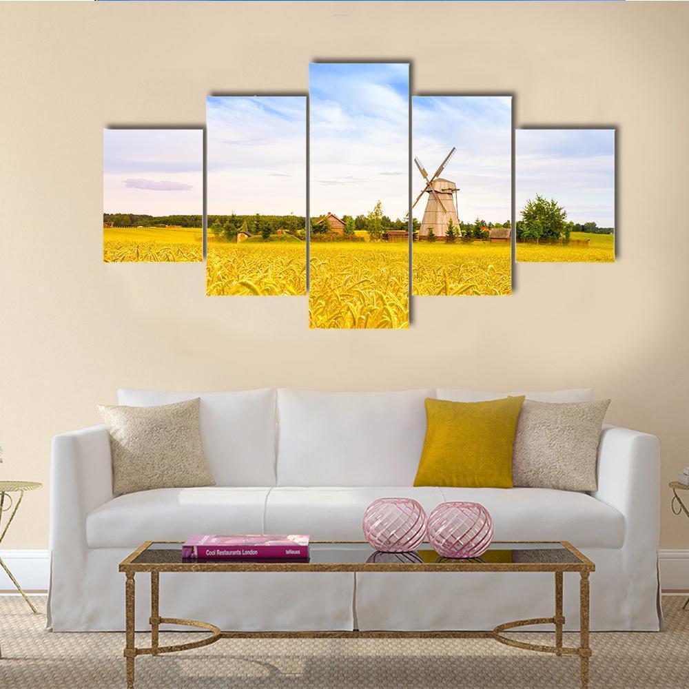 Wooden Windmill With Field In Minsk Region Canvas Wall Art-5 Star-Gallery Wrap-62" x 32"-Tiaracle