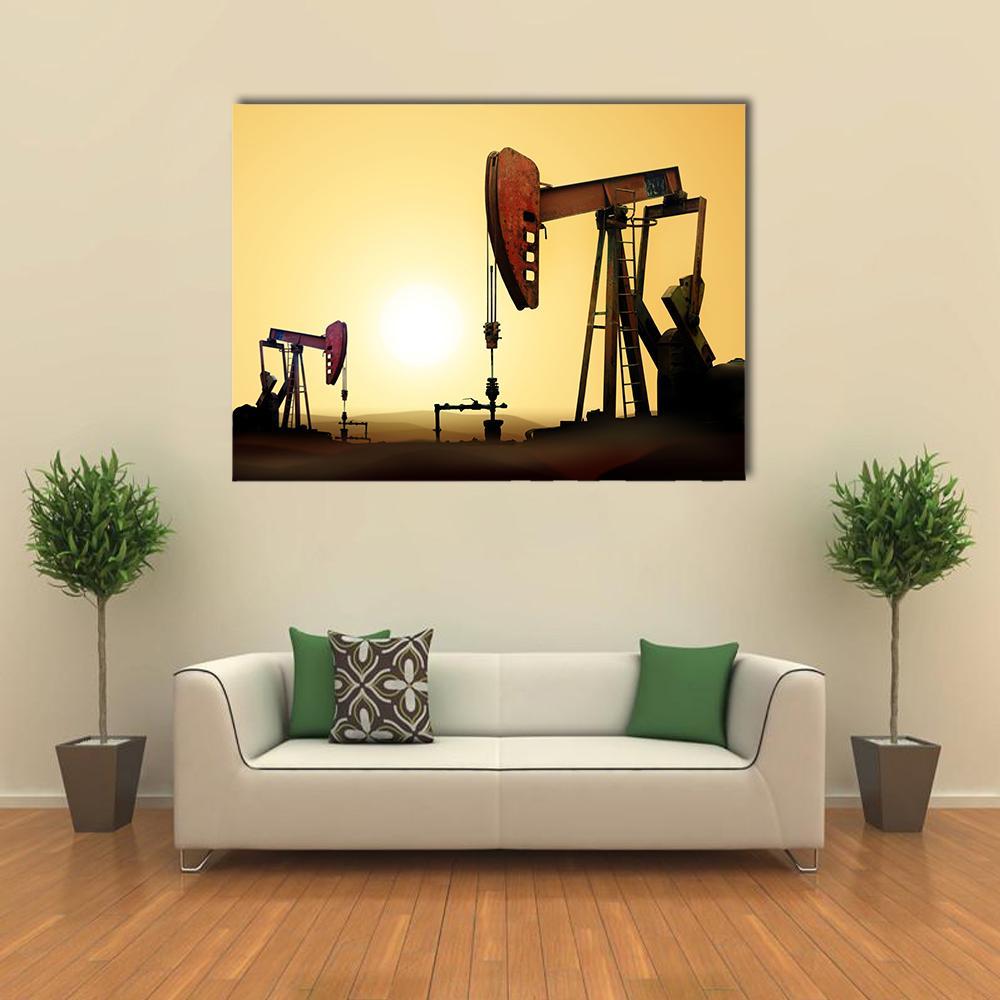 Working Oil Pumpjacks at Sunset Canvas Wall Art in black, orange and yellow, single panel hung on a wall