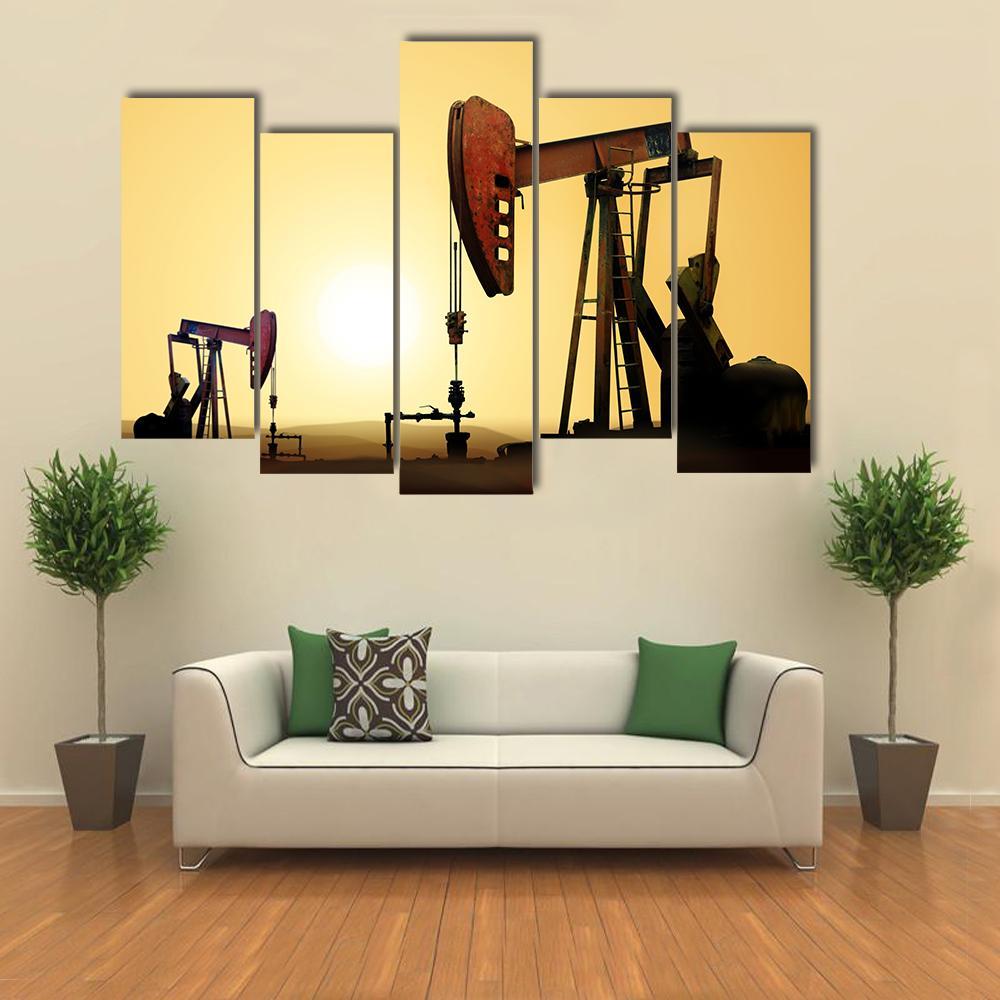 Working Oil Pump In Desert Canvas Wall Art-5 Pop-Gallery Wrap-47" x 32"-Tiaracle