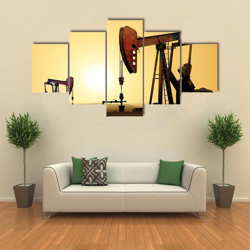 Working Oil Pump In Desert Canvas Wall Art-5 Star-Gallery Wrap-62" x 32"-Tiaracle