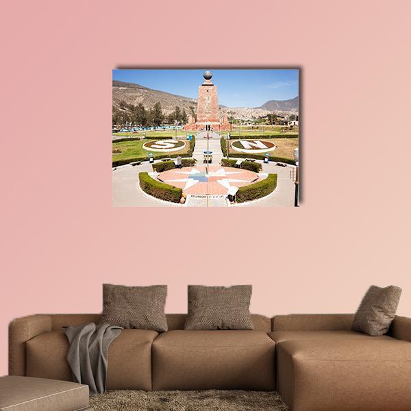 Globe-topped Obelisk at Equator Garden Canvas Wall Art in brown, green and blue, single panel hung on a wall