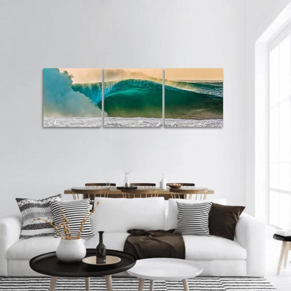 Bonzai Pipeline Surf Wave In Hawaii Panoramic Canvas Wall Art-3 Piece-25" x 08"-Tiaracle