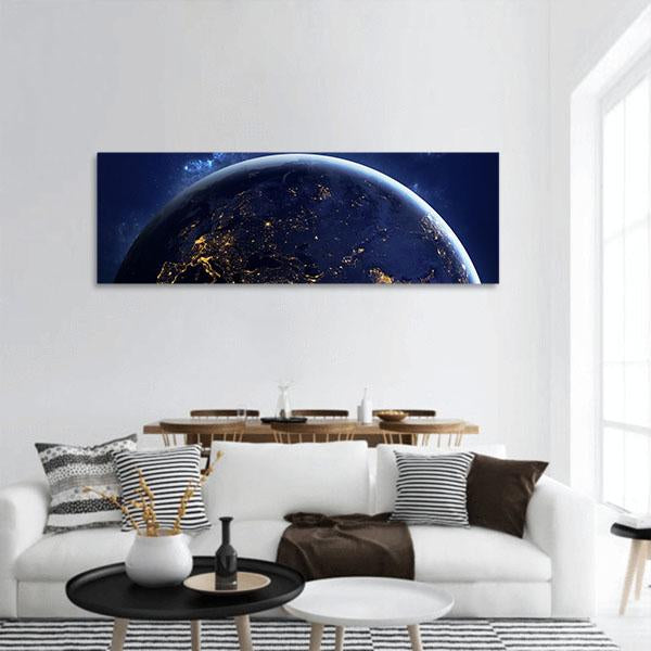 World Globe From Space Panoramic Canvas Wall Art-3 Piece-25" x 08"-Tiaracle