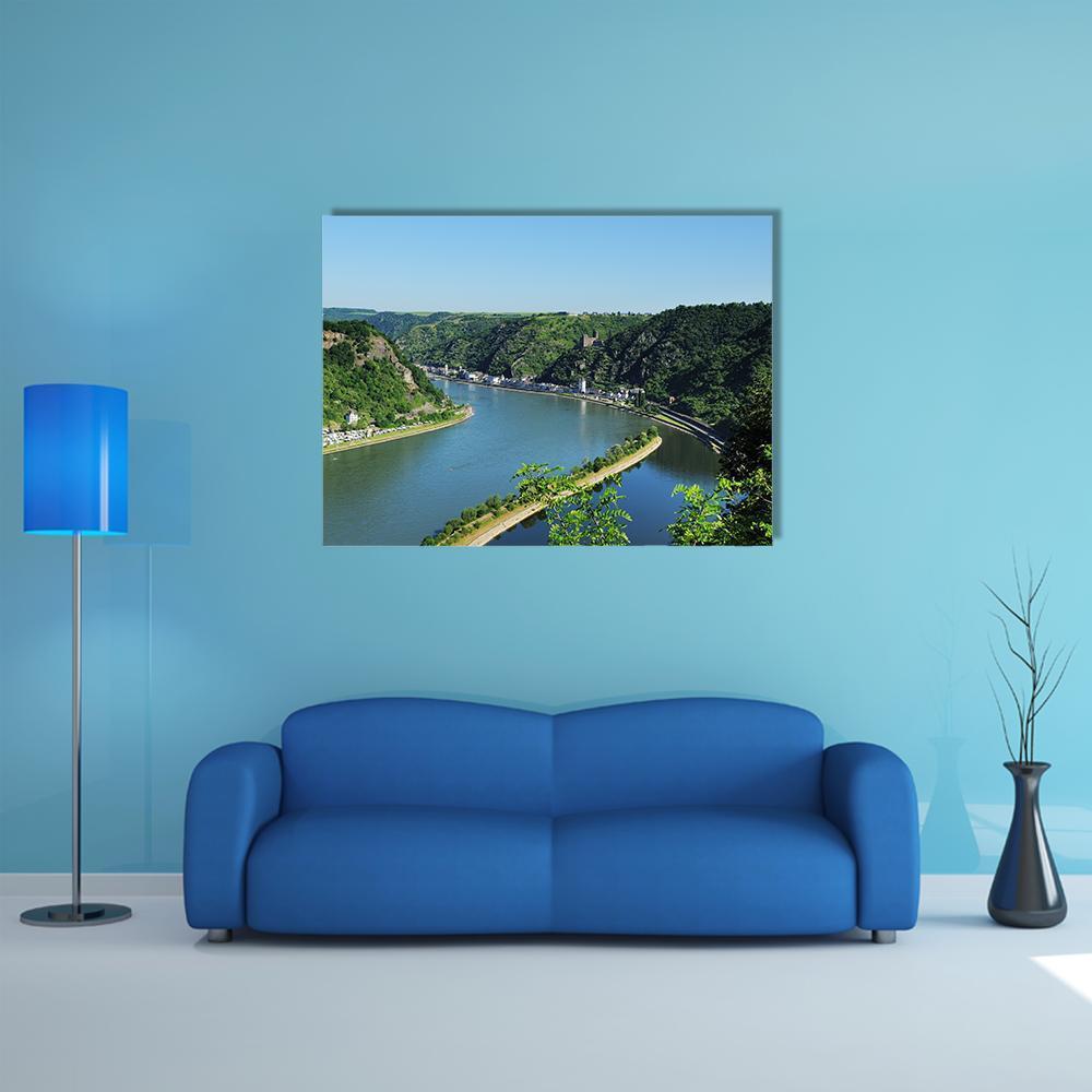 Middle Rhine Valley at Loreley Canvas Wall Art in green and blue, single panel hung on a wall