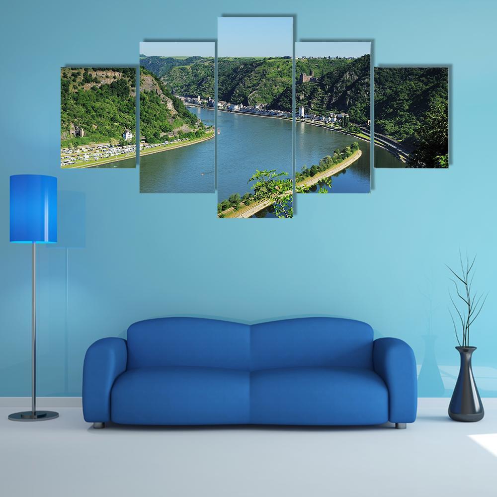 Middle Rhine Valley Landscape Canvas Wall Art in green and blue, 5 panel Star layout hung on a wall