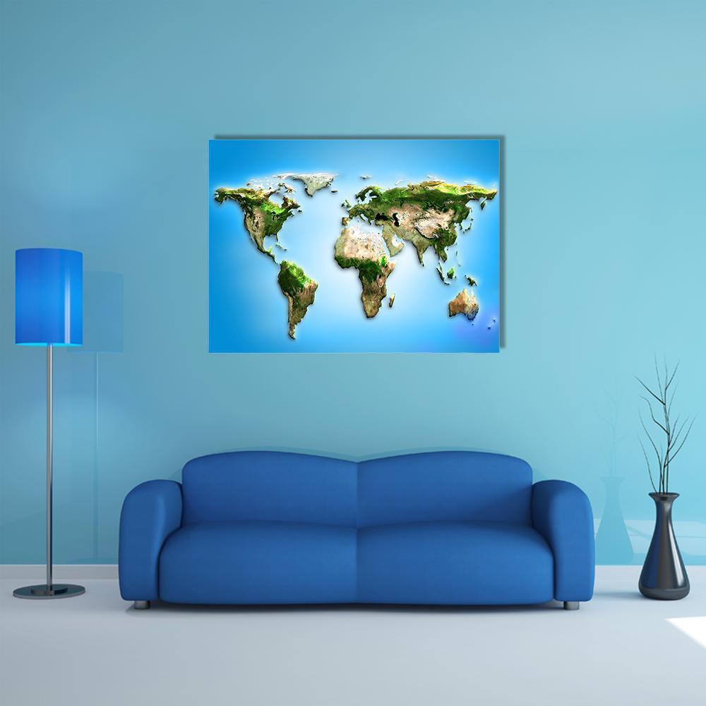 3d Topographic World Map Canvas Wall Art in brown, green and blue, single panel hung on a wall