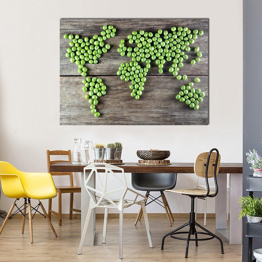 World Map Made from Green Peas Canvas Wall Art in gray, brown and green, single panel hung on a wall