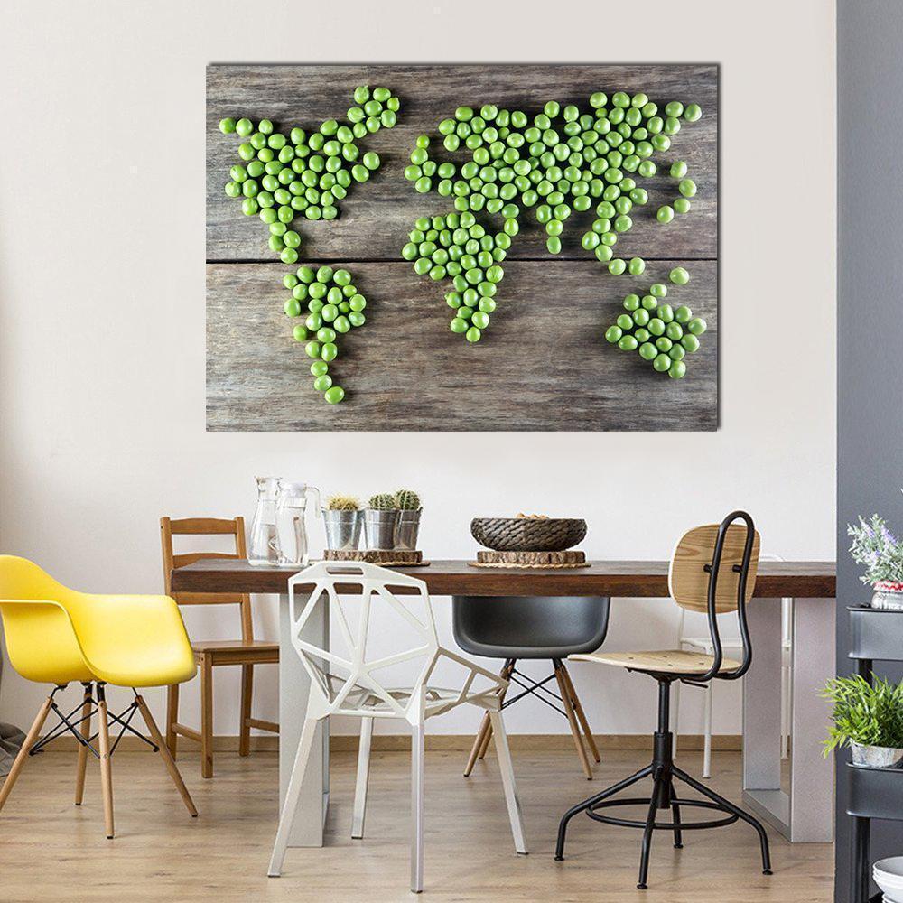 Green Pea World Map Canvas Wall Art in gray, brown and green, single panel hung on a wall