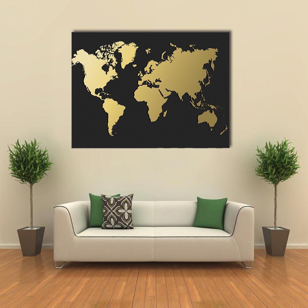 Gold World Map Silhouette Canvas Wall Art in black and gold, single panel hung on a wall