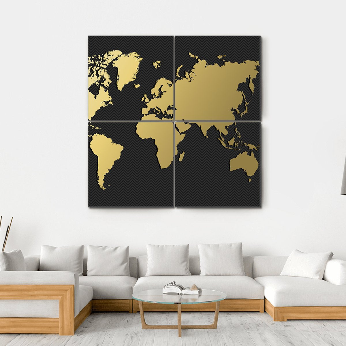 World Map Silhouette In Gold Color Canvas Wall Art-4 Square-Gallery Wrap-17" x 17"-Tiaracle