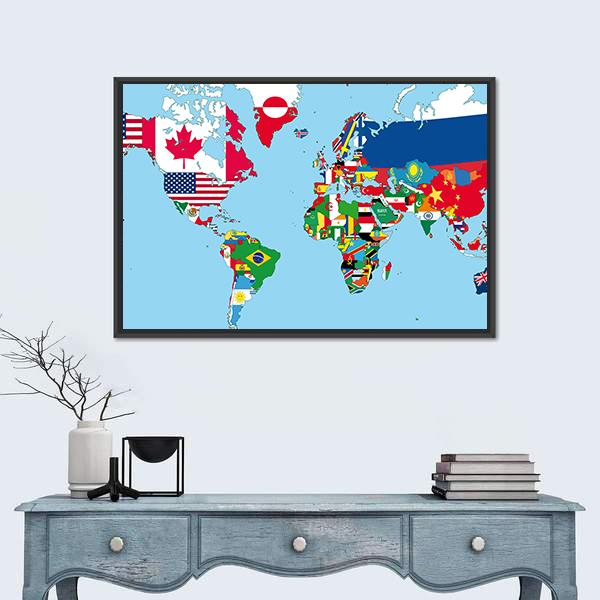 World Map With All States And Their Flags Canvas Wall Art-1 Piece-Floating Frame-24" x 16"-Tiaracle