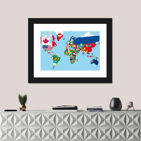 World Map with All States and Their Flags Canvas Wall Art in blue and multicolor, framed print, product view on a white background
