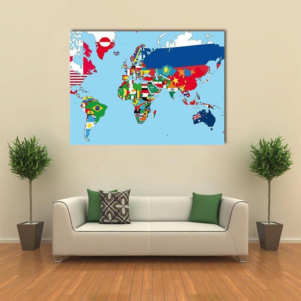 World Map with National Flags Canvas Wall Art in blue and multicolor, single panel hung on a wall