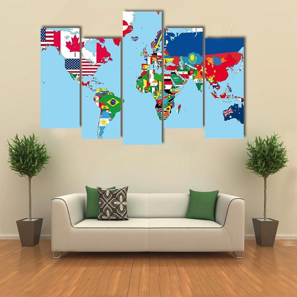 World Map With All States And Their Flags Canvas Wall Art-5 Pop-Gallery Wrap-47" x 32"-Tiaracle