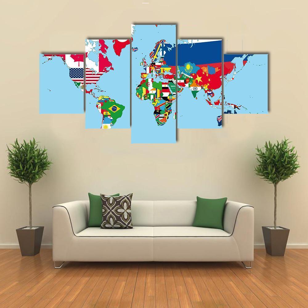 World Map With All States And Their Flags Canvas Wall Art-5 Star-Gallery Wrap-62" x 32"-Tiaracle