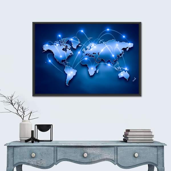 World Map With Connection Lines Canvas Wall Art-1 Piece-Floating Frame-24" x 16"-Tiaracle