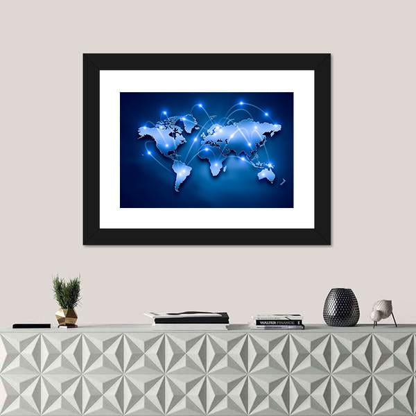 World Map With Connection Lines Canvas Wall Art-1 Piece-Framed Print-20" x 16"-Tiaracle
