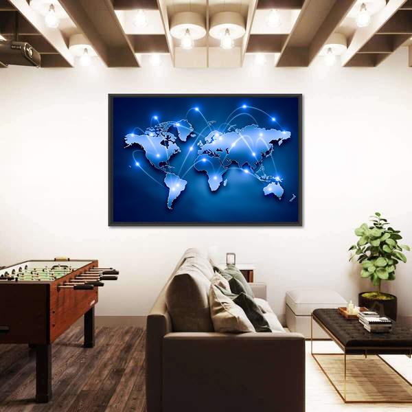 World Map With Connection Lines Canvas Wall Art-3 Horizontal-Gallery Wrap-25" x 16"-Tiaracle