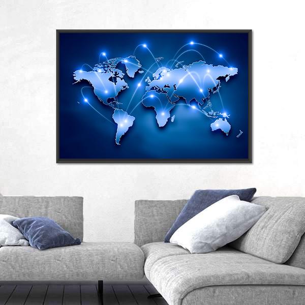 World Map With Connection Lines Canvas Wall Art-5 Horizontal-Gallery Wrap-22" x 12"-Tiaracle