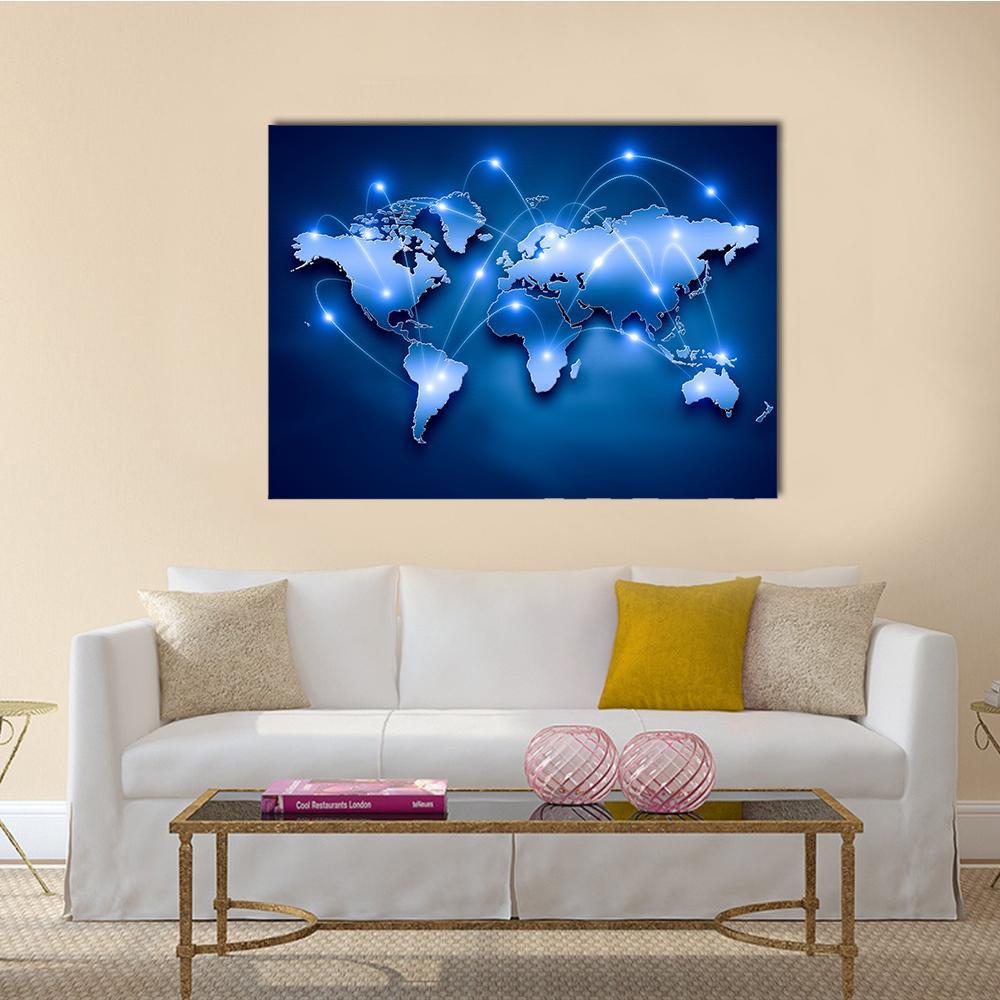 World Map with Connection Lines Canvas Wall Art in white, blue and navy, single panel hung on a wall