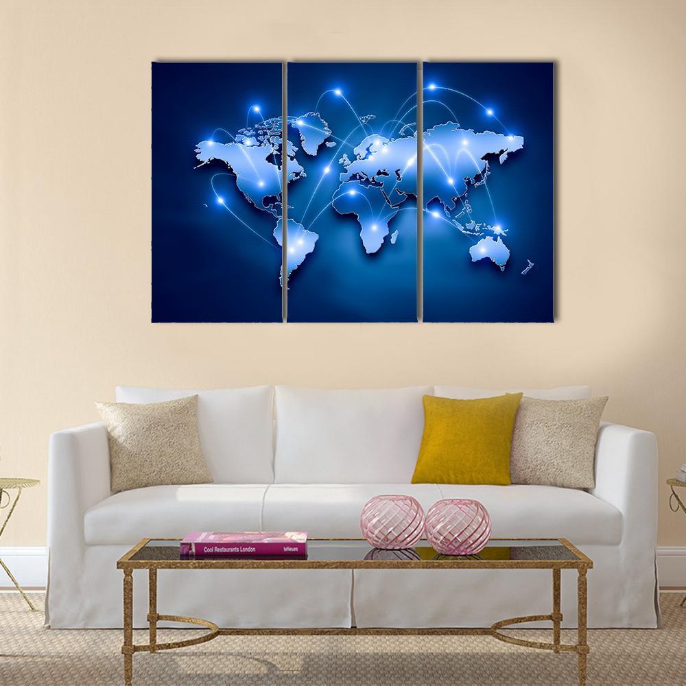 World Map With Connection Lines Canvas Wall Art-3 Horizontal-Gallery Wrap-37" x 24"-Tiaracle
