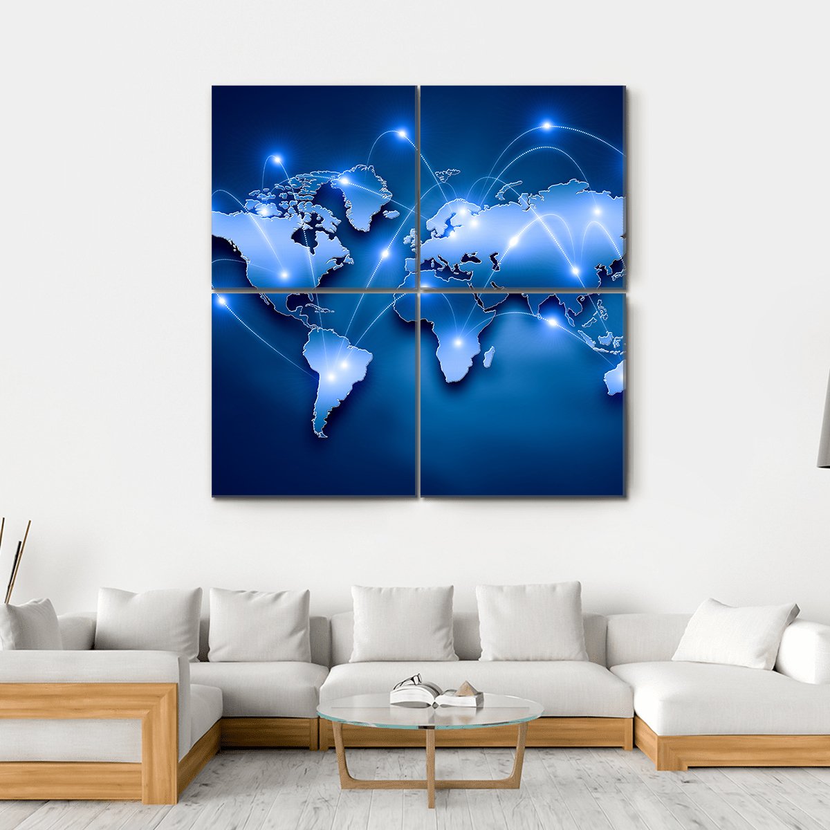 World Map With Connection Lines Canvas Wall Art-4 Square-Gallery Wrap-17" x 17"-Tiaracle