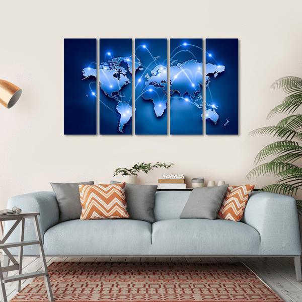 World Map With Connection Lines Canvas Wall Art-5 Horizontal-Gallery Wrap-22" x 12"-Tiaracle