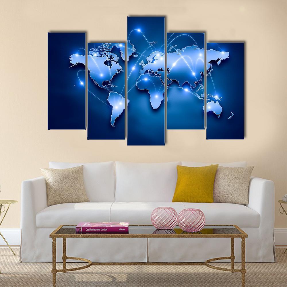 World Map With Connection Lines Canvas Wall Art-5 Pop-Gallery Wrap-47" x 32"-Tiaracle